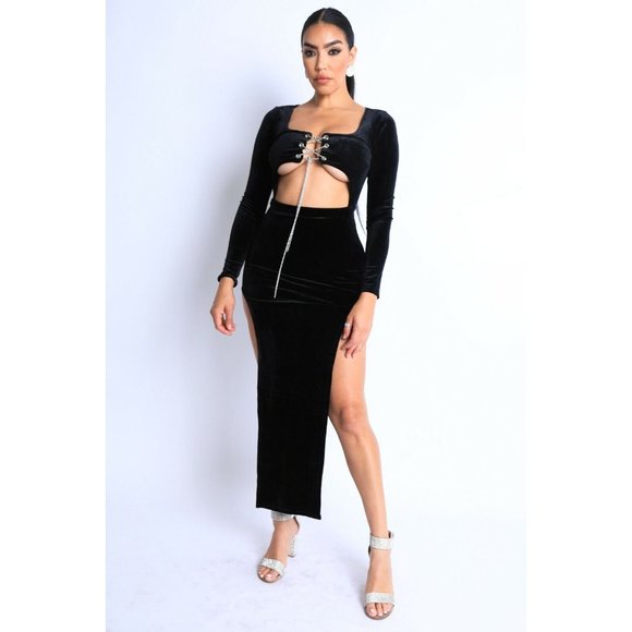 Women's Sexy Velvet Slits Tie Detailed Square Neck Party Clubwear Maxi Dress - Picture 8 of 8